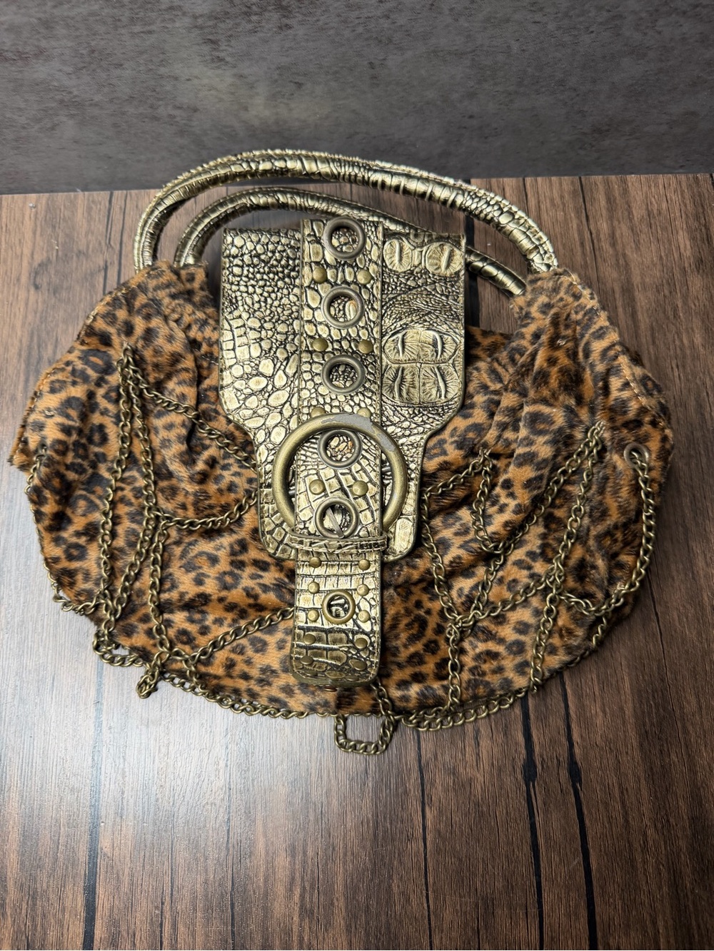 Vintage Y2K Leopard Print & Metallic Gold Shoulder Bag